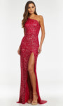 Natural Waistline Cutout Fitted Slit Sequined Beaded Asymmetric Lace-Up Sheath Floor Length Sleeveless Sheath Dress with a Brush/Sweep Train