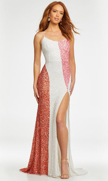 Sleeveless Spaghetti Strap Scoop Neck Natural Waistline Sheath Colorblocking Lace-Up Sequined Fitted Slit Sheath Dress with a Brush/Sweep Train