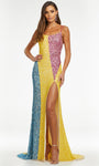 Sheath Fitted Colorblocking Slit Lace-Up Sequined Sleeveless Spaghetti Strap Scoop Neck Natural Waistline Sheath Dress with a Brush/Sweep Train