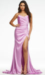 Natural Waistline Open-Back Draped Slit Lace-Up Satin Mermaid Cowl Neck Spaghetti Strap Dress with a Brush/Sweep Train