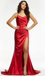 Spaghetti Strap Draped Open-Back Slit Lace-Up Cowl Neck Natural Waistline Satin Mermaid Dress with a Brush/Sweep Train