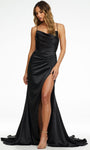 Spaghetti Strap Satin Natural Waistline Cowl Neck Mermaid Open-Back Slit Draped Lace-Up Dress with a Brush/Sweep Train