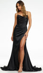 Cowl Neck Natural Waistline Spaghetti Strap Mermaid Satin Draped Slit Open-Back Lace-Up Dress with a Brush/Sweep Train