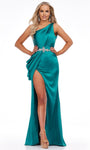 One Shoulder Sleeveless Satin Natural Waistline Asymmetric Cutout Slit Back Zipper Crystal Draped Sheath Sheath Dress with a Brush/Sweep Train