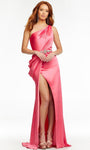 Natural Waistline One Shoulder Sleeveless Satin Asymmetric Cutout Slit Draped Back Zipper Crystal Sheath Sheath Dress with a Brush/Sweep Train