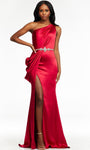 Satin Natural Waistline Sheath Back Zipper Asymmetric Cutout Draped Slit Crystal One Shoulder Sleeveless Sheath Dress with a Brush/Sweep Train