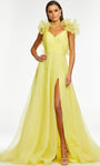 A-line V-neck Sleeveless Organza Ruffle Trim Natural Waistline Back Zipper Flowy Slit V Back Ruched Floor Length Evening Dress with a Brush/Sweep Train