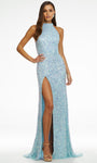 Halter Sleeveless Sheath Natural Waistline Sequined Slit Racerback Back Zipper Floor Length Sheath Dress with a Brush/Sweep Train