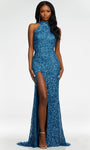 Sequined Racerback Slit Back Zipper Sheath Natural Waistline Sleeveless Halter Floor Length Sheath Dress with a Brush/Sweep Train