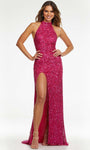 Sleeveless Halter Sheath Floor Length Natural Waistline Back Zipper Sequined Slit Racerback Sheath Dress with a Brush/Sweep Train