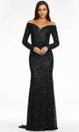 Back Zipper Open-Back Sequined Long Sleeves Off the Shoulder Natural Waistline Sheath Sheath Dress with a Brush/Sweep Train