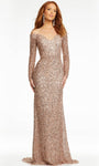 Sheath Natural Waistline Sequined Back Zipper Open-Back Long Sleeves Off the Shoulder Sheath Dress with a Brush/Sweep Train