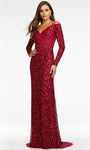 Sheath Long Sleeves Off the Shoulder Sequined Back Zipper Open-Back Natural Waistline Sheath Dress with a Brush/Sweep Train