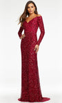 Long Sleeves Off the Shoulder Sheath Natural Waistline Back Zipper Sequined Open-Back Sheath Dress with a Brush/Sweep Train