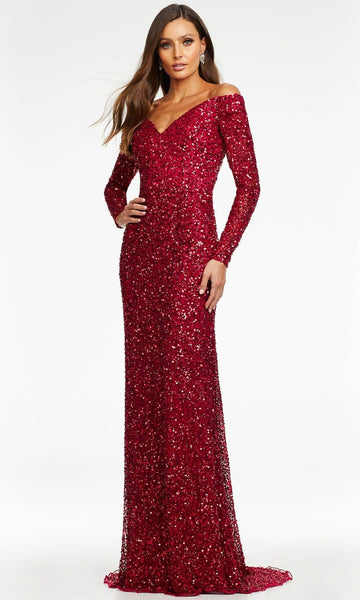 Open-Back Back Zipper Sequined Long Sleeves Off the Shoulder Natural Waistline Sheath Sheath Dress with a Brush/Sweep Train