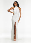 Sexy Halter Sleeveless Sheath Slit Open-Back Sequined Beaded Natural Waistline Sheath Dress/Evening Dress with a Brush/Sweep Train