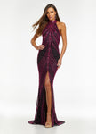 Sexy Sheath Beaded Slit Sequined Open-Back Halter Natural Waistline Sleeveless Sheath Dress/Evening Dress with a Brush/Sweep Train