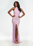 Sexy Sheath Sleeveless Sequined Slit Beaded Open-Back Halter Natural Waistline Sheath Dress/Evening Dress with a Brush/Sweep Train