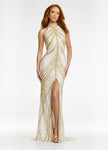 Sexy Halter Sleeveless Natural Waistline Beaded Slit Sequined Open-Back Sheath Sheath Dress/Evening Dress with a Brush/Sweep Train