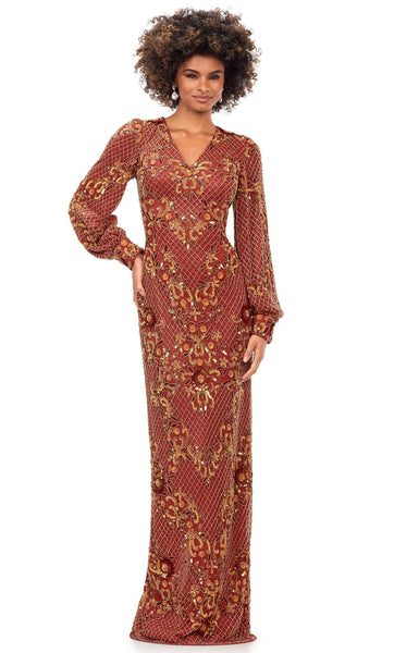 Modest V-neck Floor Length Fall Sheath Natural Waistline Sequined Slit Back Vent Beaded Vintage General Print Bishop Sleeves Sheath Dress/Evening Dress