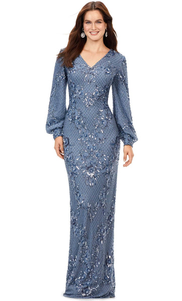 Modest V-neck Bishop Sleeves Sheath Floor Length Beaded Slit Vintage Back Vent Sequined General Print Natural Waistline Fall Sheath Dress/Evening Dress