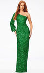 Sheath Back Vent Sequined Fitted Asymmetric Back Zipper Bishop Sleeves One Shoulder Natural Waistline Sheath Dress