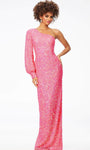 Sheath Bishop Sleeves One Shoulder Asymmetric Back Zipper Sequined Fitted Back Vent Natural Waistline Sheath Dress