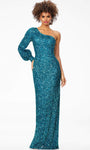 Natural Waistline Sheath Fitted Back Zipper Asymmetric Sequined Back Vent Bishop Sleeves One Shoulder Sheath Dress