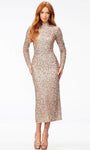 Sheath High-Neck Sequined Keyhole Back Vent Back Zipper Fitted Vintage Long Sleeves Tea Length Sheath Dress