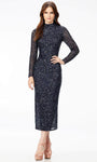 Long Sleeves Tea Length Sheath Keyhole Back Zipper Vintage Fitted Back Vent Sequined High-Neck Sheath Dress