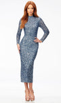 Fitted Vintage Keyhole Back Zipper Back Vent Sequined Long Sleeves Tea Length Sheath High-Neck Sheath Dress