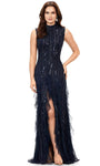 Sexy High-Neck Natural Waistline Sheath Floor Length Beaded Slit Vintage Sequined Sleeveless Sheath Dress/Evening Dress With Ruffles