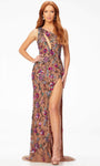 Sheath Floral Print One Shoulder Sleeveless Sequined Open-Back Cutout Slit Beaded Fitted Back Zipper Asymmetric Natural Waistline Sheath Dress/Evening Dress with a Brush/Sweep Train