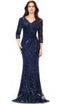 V-neck Floor Length Sheath Sequined Fitted Sheer Beaded 3/4 Sleeves Natural Waistline Sheath Dress/Evening Dress with a Brush/Sweep Train