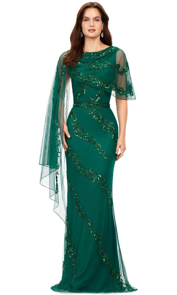 Natural Waistline General Print Floor Length Jeweled Neck Sheath Long Sleeves Asymmetric Fitted Sequined Sheer Beaded Sheath Dress/Evening Dress with a Brush/Sweep Train