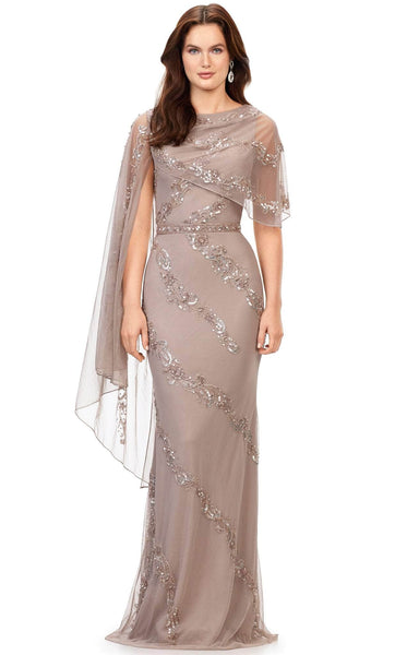 General Print Floor Length Sheath Jeweled Neck Beaded Sheer Asymmetric Fitted Sequined Natural Waistline Long Sleeves Sheath Dress/Evening Dress with a Brush/Sweep Train