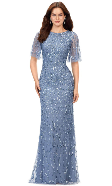 Sophisticated Natural Waistline Beaded Sheer Sequined Back Zipper Cutout Vintage Goddess Flutter Short Sleeves Sleeves Jeweled Neck General Print Sheath Sheath Dress/Evening Dress with a Brush/Sweep T