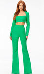 Fit-and-Flare Fitted Open-Back Back Zipper Stretchy Square Neck Long Sleeves Natural Waistline Jumpsuit