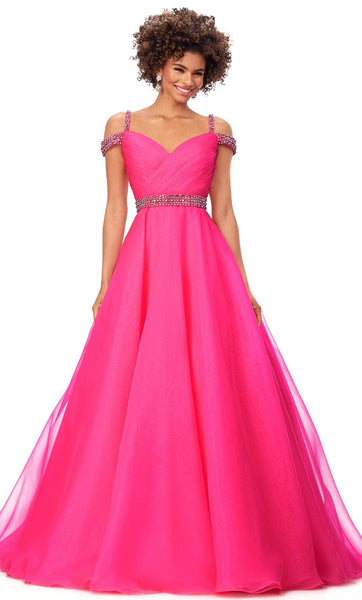 Tulle Sweetheart Natural Waistline Off the Shoulder Spaghetti Strap Floor Length Back Zipper Beaded Ruched Belted Party Dress With Rhinestones