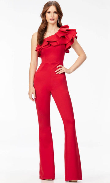 Sexy Asymmetric Pocketed Back Zipper Natural Waistline One Shoulder Sleeveless Jumpsuit With Ruffles