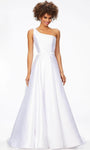 A-line Natural Waistline One Shoulder Sleeveless Asymmetric Belted Open-Back Fitted Wedding Dress with a Brush/Sweep Train