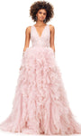 A-line V-neck Natural Waistline V Back Fitted Applique Beaded Plunging Neck Floor Length Sleeveless Tulle Flared-Skirt Fall Ball Gown Dress with a Brush/Sweep Train With Ruffles