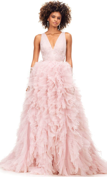 A-line V-neck Tulle Fall Plunging Neck Sleeveless Floor Length Natural Waistline V Back Applique Beaded Fitted Flared-Skirt Ball Gown Dress with a Brush/Sweep Train With Ruffles