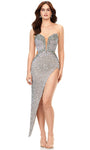 Strapless Plunging Neck Sweetheart Sheath High-Low-Hem Jeweled Crystal Back Zipper Sheer Slit Fitted Natural Waistline Sheath Dress With Rhinestones