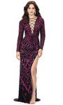 Sophisticated V-neck Floor Length Lace-Up Back Zipper Beaded Sequined Slit V Back Plunging Neck Natural Waistline Sheath Long Sleeves Sheath Dress/Evening Dress with a Brush/Sweep Train