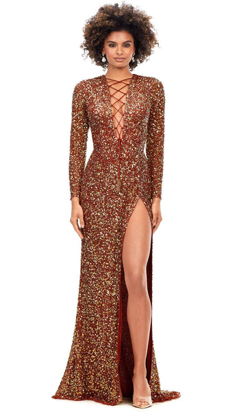 V-neck Sheath Long Sleeves Corset Natural Waistline Plunging Neck Lace-Up Slit Sequined Back Zipper Fitted Sheath Dress/Evening Dress with a Brush/Sweep Train