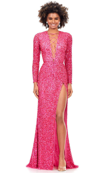 V-neck Plunging Neck Sheath Corset Natural Waistline Back Zipper Fitted Sequined Slit Lace-Up Long Sleeves Sheath Dress/Evening Dress with a Brush/Sweep Train