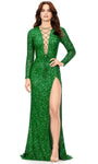 V-neck Long Sleeves Sheath Plunging Neck Corset Natural Waistline Lace-Up Slit Fitted Back Zipper Sequined Sheath Dress/Evening Dress with a Brush/Sweep Train