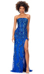 Strapless Straight Neck Sheath Floor Length Natural Waistline Gathered Slit Sequined Back Zipper Beaded Sheath Dress with a Brush/Sweep Train