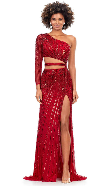 General Print Sheath One Shoulder Sleeveless Asymmetric Banding Beaded Applique Fitted Slit Open-Back Back Zipper Natural Waistline Sheath Dress/Prom Dress with a Brush/Sweep Train